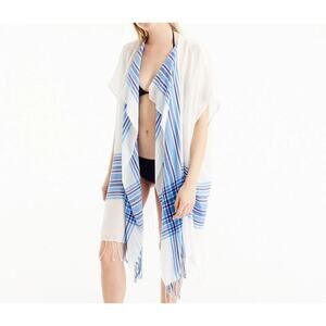J.Crew Beach Plaid Poncho with Border One Size Ivory Cobalt Swimsuit Cover Up